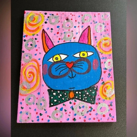 Cat Painting On Wood Nursery Pink Pop Art 9 X 7.5 Whimsical Swirls Dots Fun - Picture 12 of 15